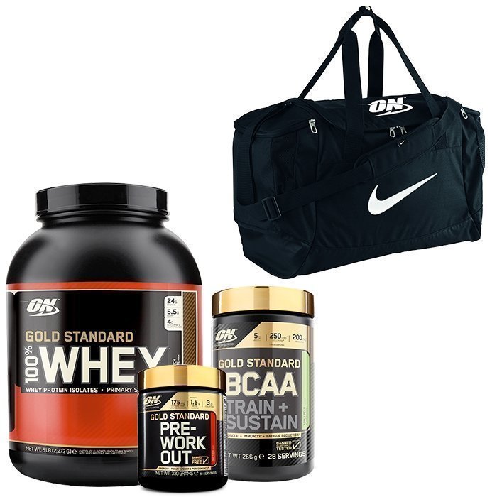 Optimum Nutrition 100% Whey Gold Std 2273 g + Gold Std PWO + Gold Std BCAA + Nike Bag